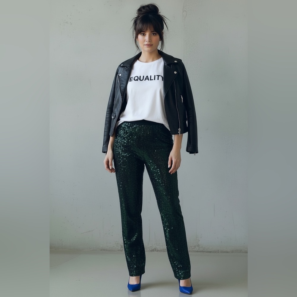8 by YOOX Green Iridescent Sequin Straight-Leg Pants | Size 8 | Made in Italy